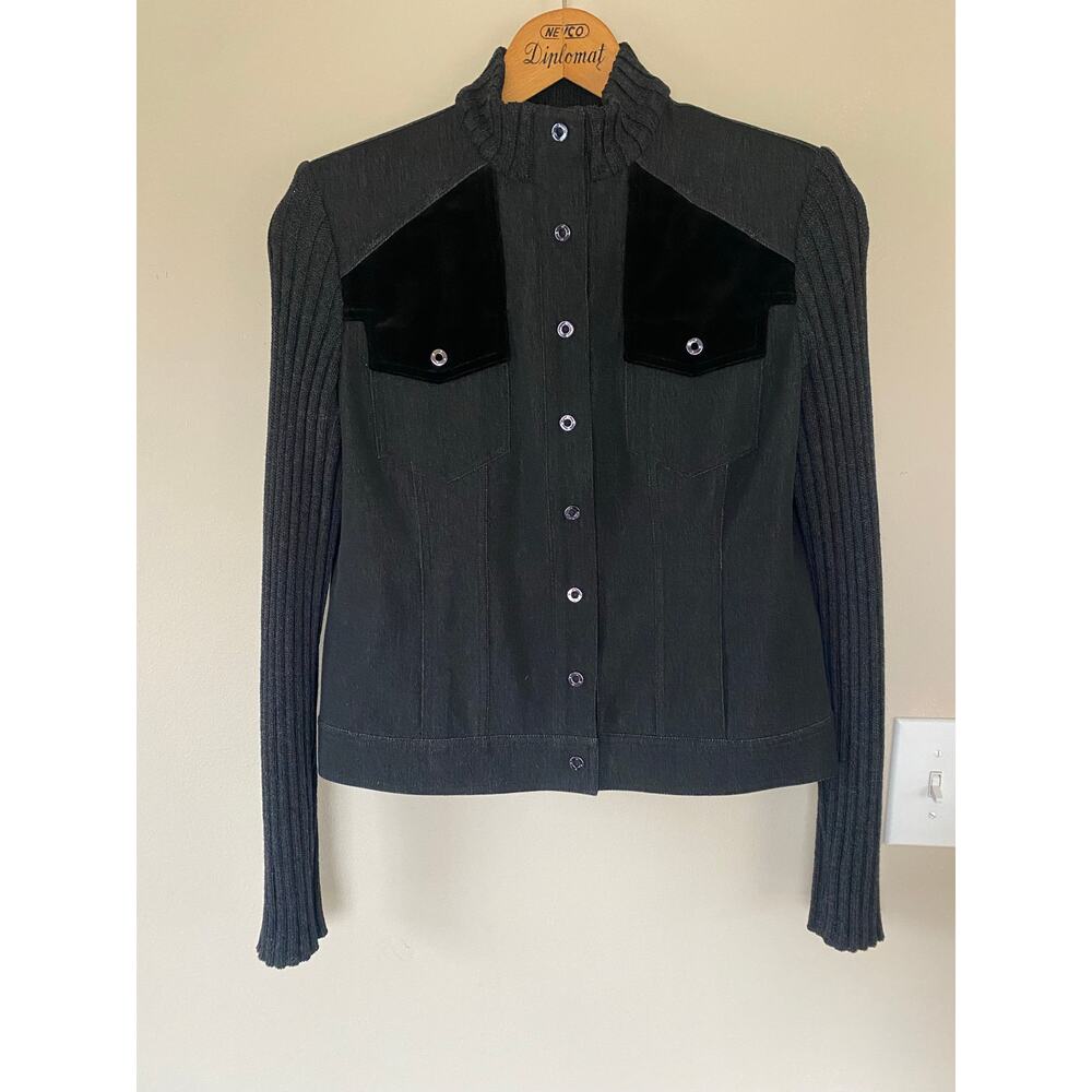 St. John Sport Marie Gray stretch snap front denim jacket charcoal size small